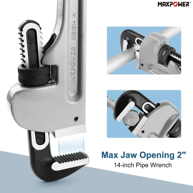 14-inch Aluminum Pipe Wrench: Set the jaw, then take the turn