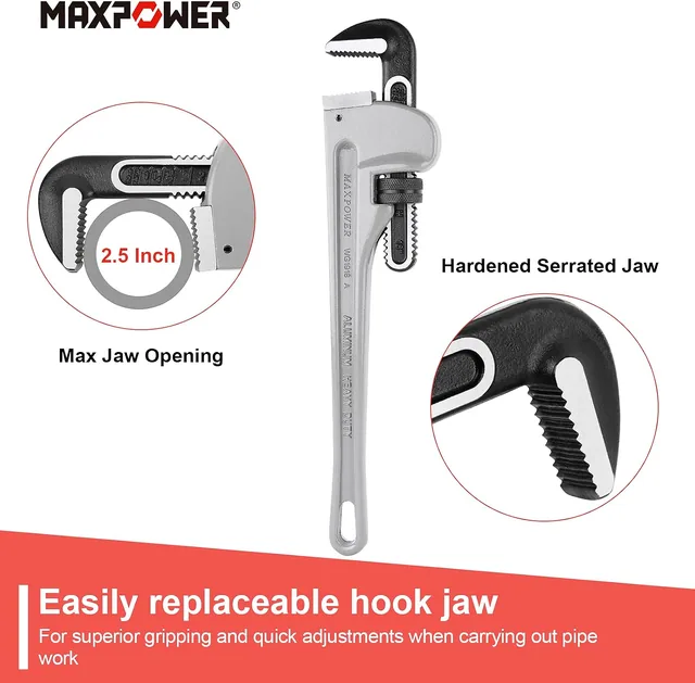 18-inch Aluminum Pipe Wrench: Size the wrench to the fitting